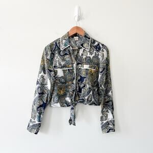 Magaschoni 100% Linen Floral Paisley Front Tie Button Up Shirt Top, Size XS